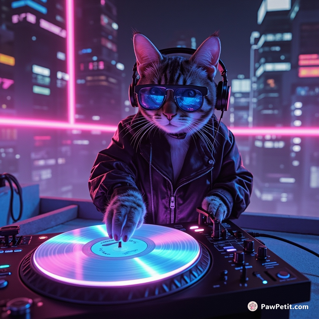 A cyberpunk cat DJ spinning holographic vinyl records on a neon rooftop in a futuristic metropolis.