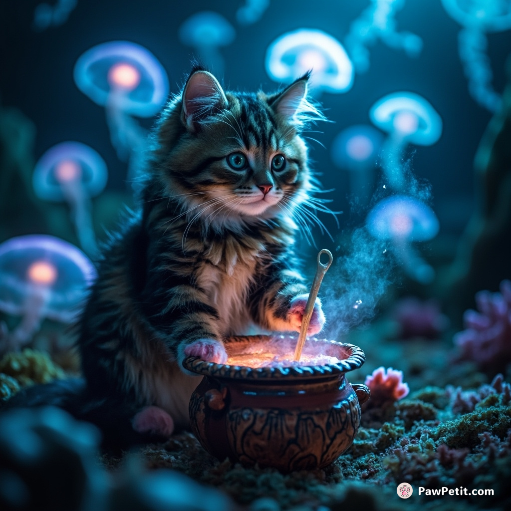 A cat stirring a bubbling potion in a seashell cauldron with a seabone spoon under the fluorescent glow of bioluminescent jellyfish at the bottom of the ocean.