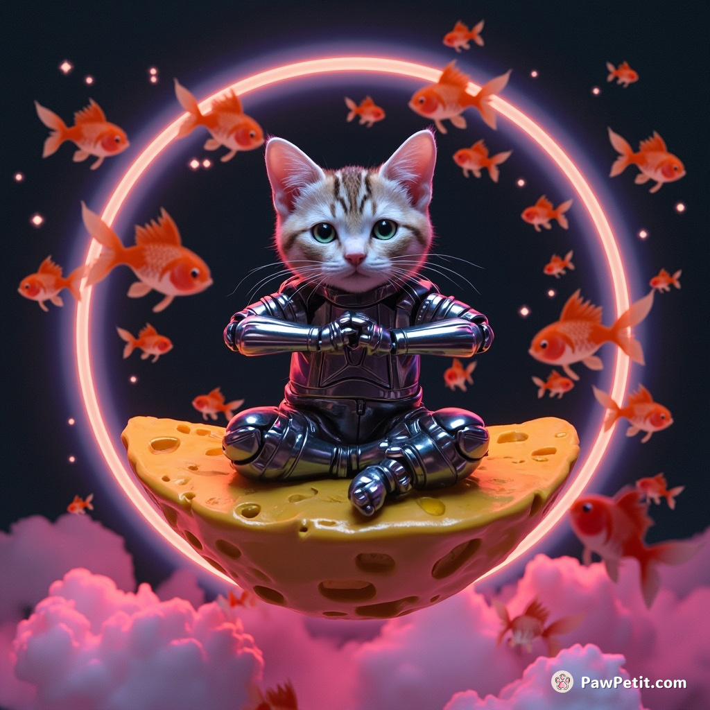 A robotic cat doing yoga on floating cheese moon, surrounded by constellations of goldfish.