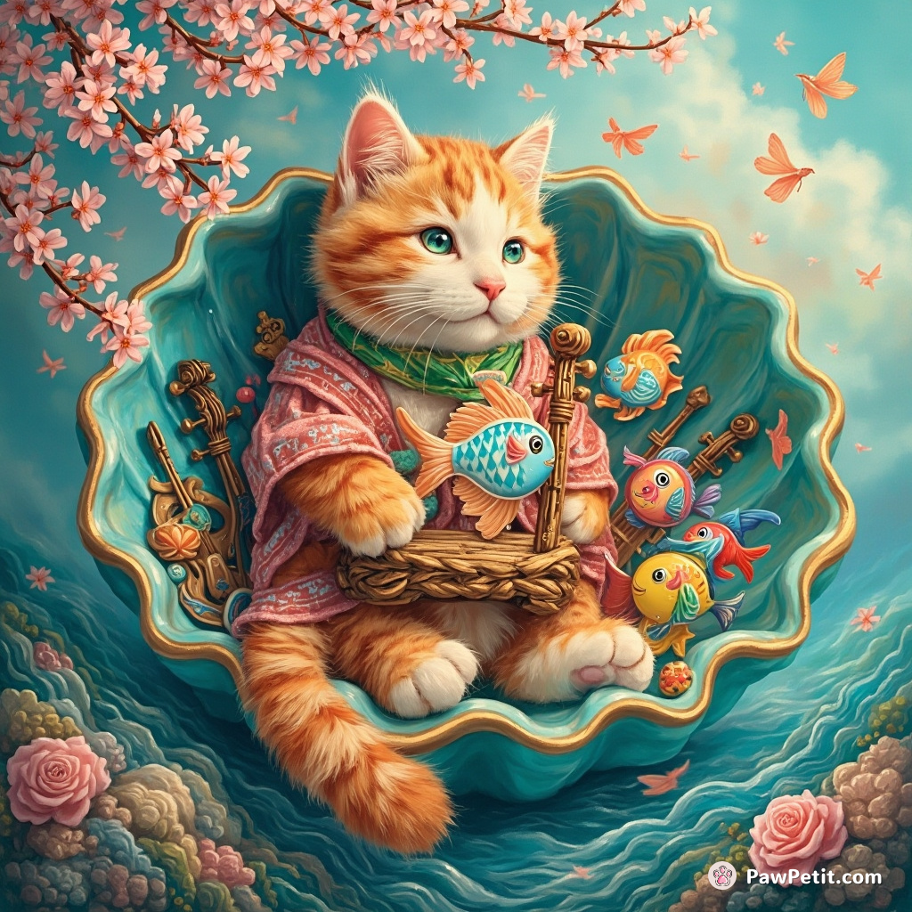 Giant cat made of cherry blossoms conducting an orchestra of rainbow fish in a turquoise ocean shell.