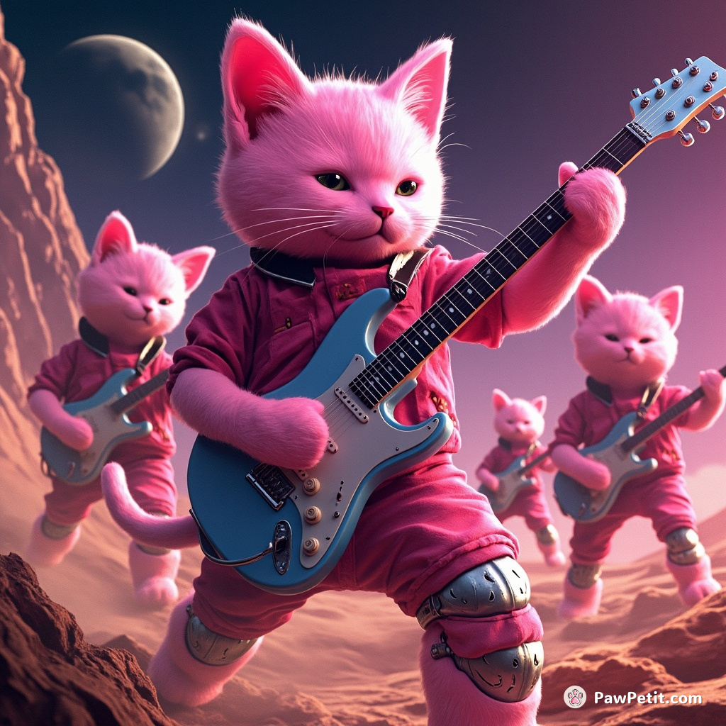 A neon pink cat playing electric guitar in a rock band of futuristic robots on Mars.