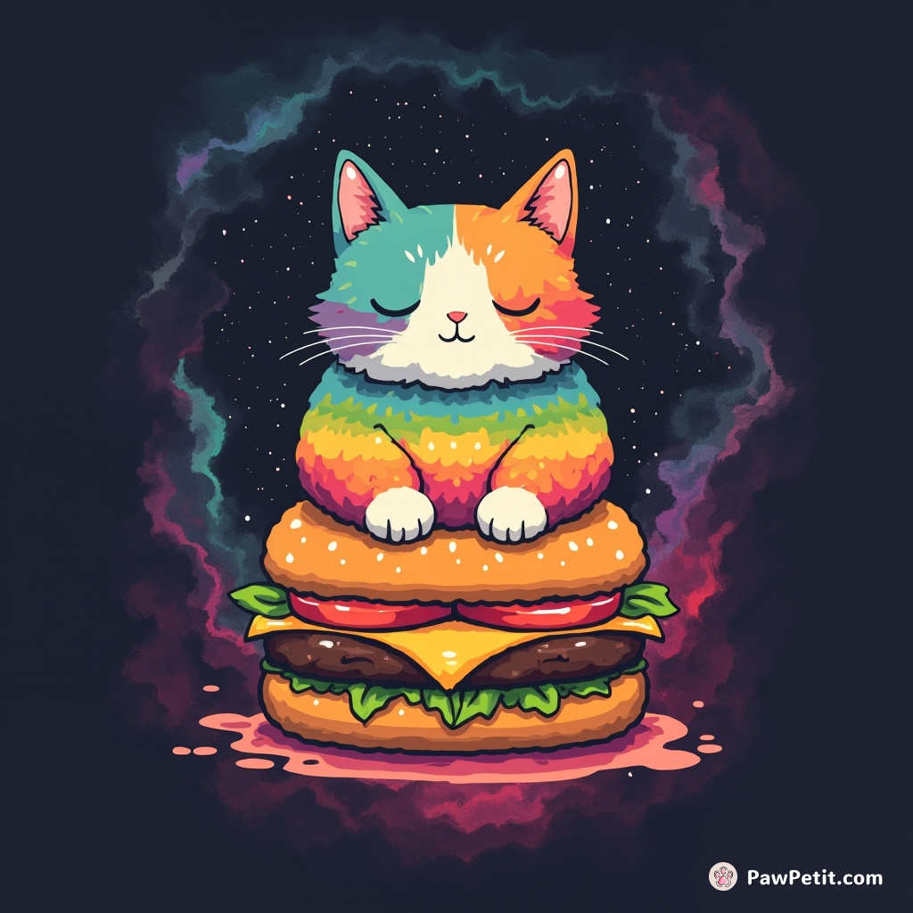 A rainbow cat meditating on a levitating cheeseburger in the heart of a nebula.