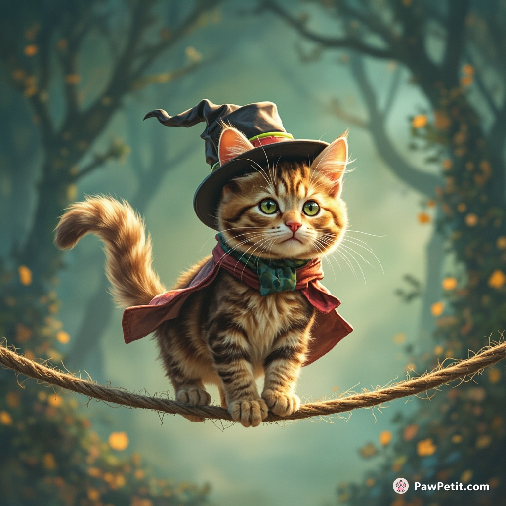 A cat dons a tiny hat, tiptoeing across a slackline with exaggerated confidence, swishing its tail for balance.
