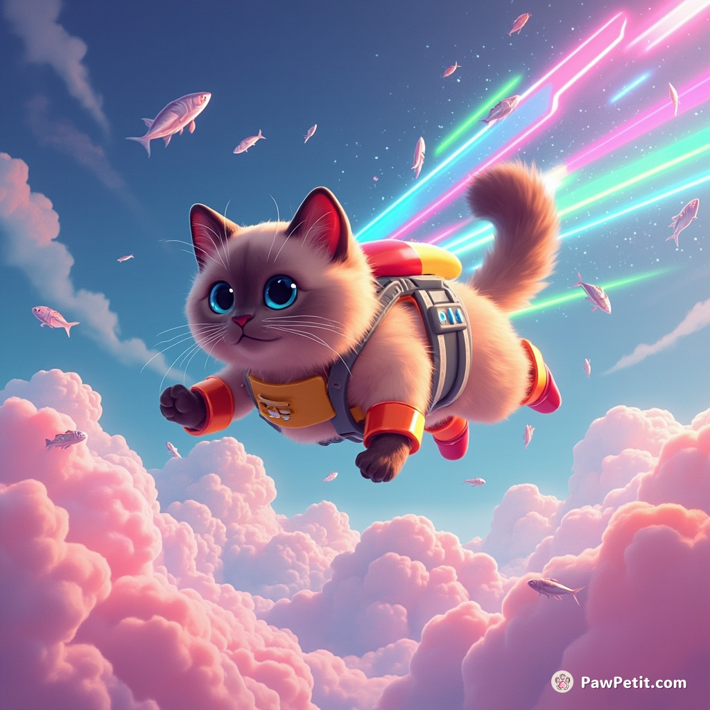 A Siamese cat wearing neon rocket boots, soaring high above disco-themed clouds shaped like sardines, chasing cascading laser beams across the sky.