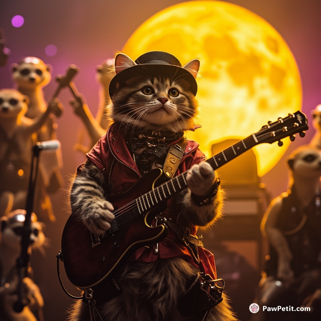 Cat performing a rock concert with guitar on a neon cheese moon, with crowd of meerkats dressed in steampunk attire.
