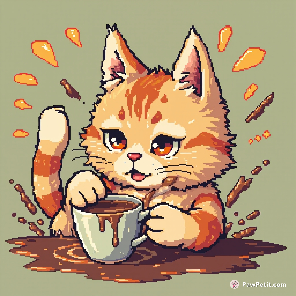 Pretending to sip coffee, Meowington ferociously paw-pats at the mug, splash & chaos ensuing his anchovy-heavy 'Catur'-day morning".