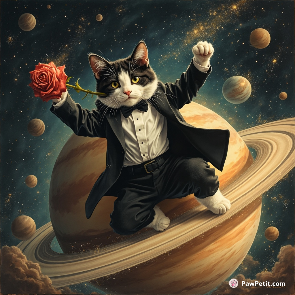 A tuxedo cat performing a salsa dance with a glittering rose in its mouth on the rings of Saturn.