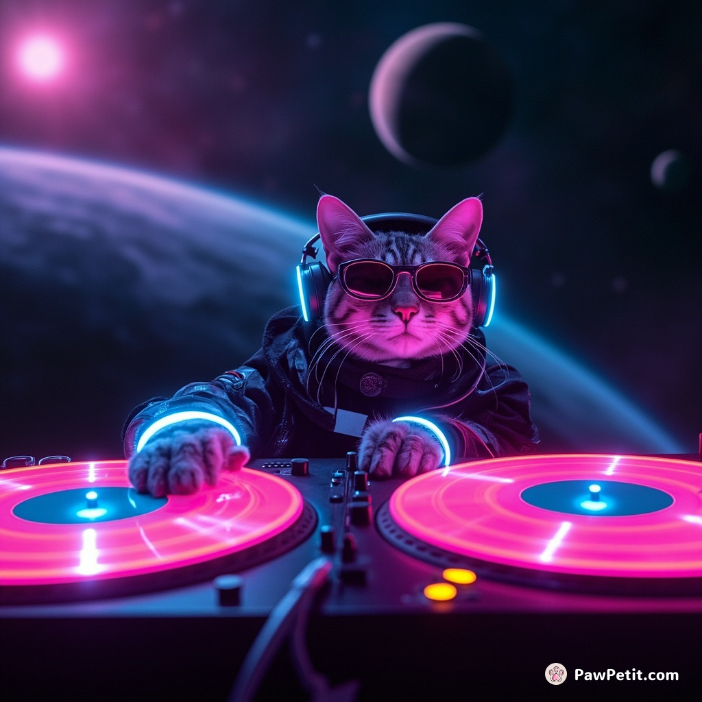 Cybernetic Feline DJ spinning glow-in-the-dark vinyls at an intergalactic disco on Saturn's moon.