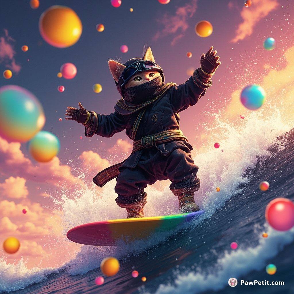 Ninja cat surfing a rainbow wave made of boba tea bubbles while juggling golden implied expressions.