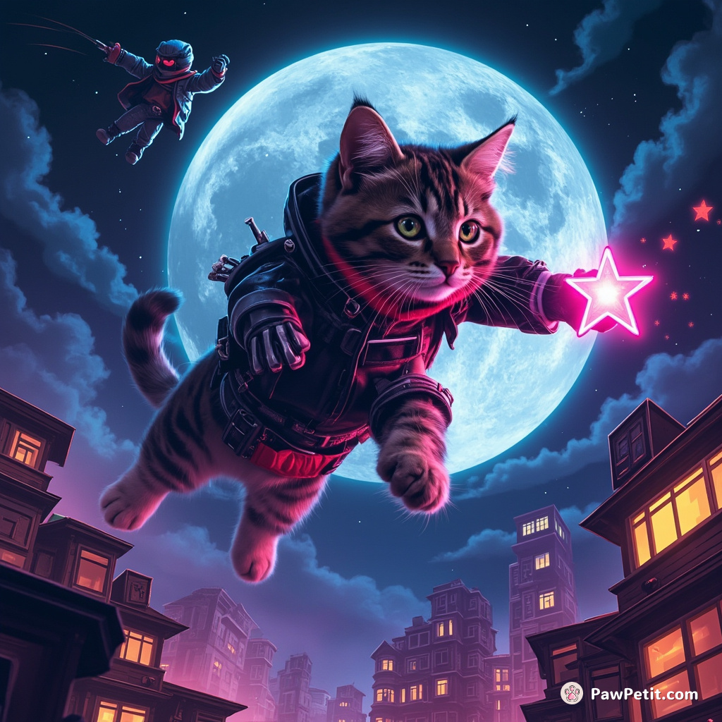 The cat leaps across the moonlit rooftops, chasing the elusive star thief.