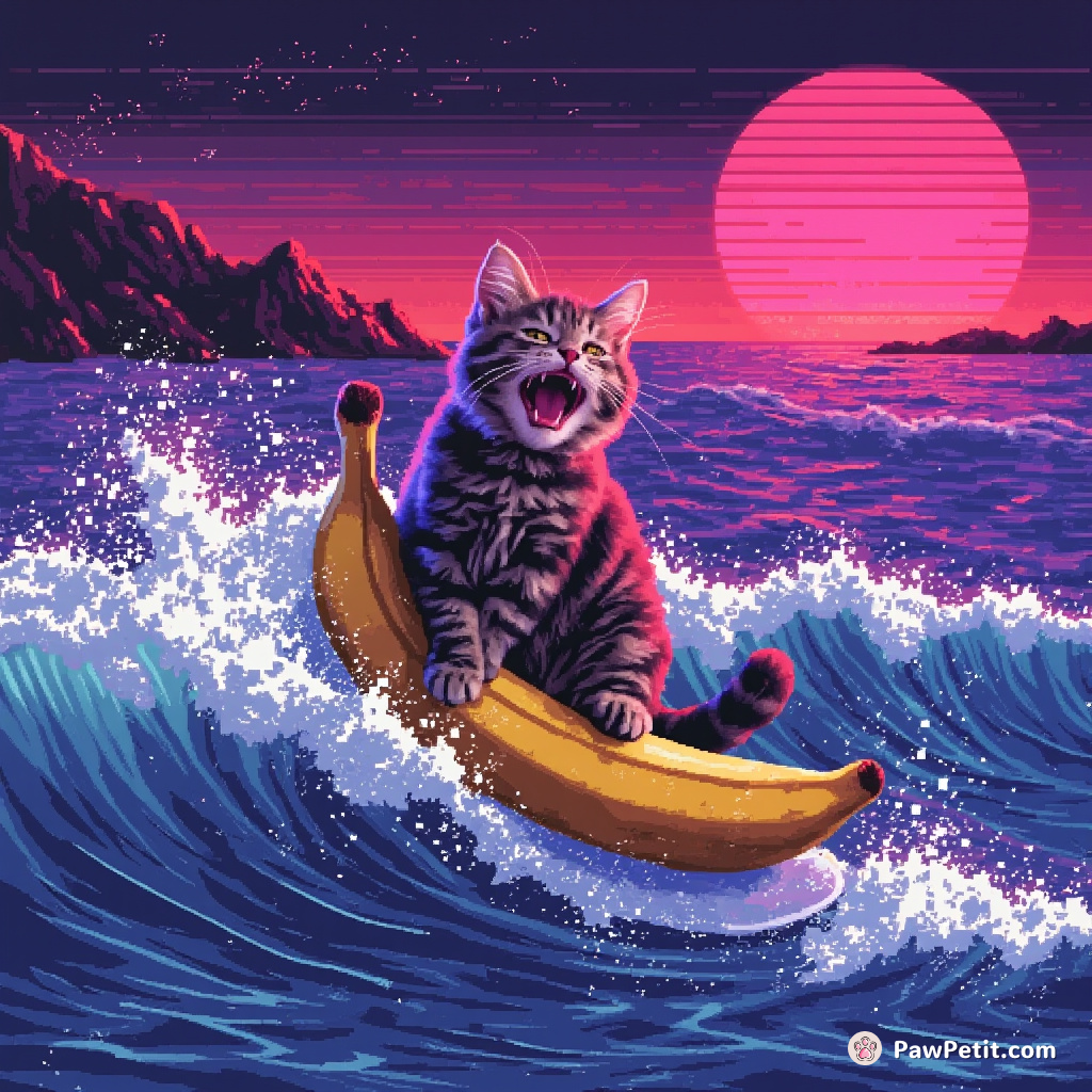 Cat hysterically laughing while surfing on a banana in a neon, psychedelic ocean under an alien twilight sky.