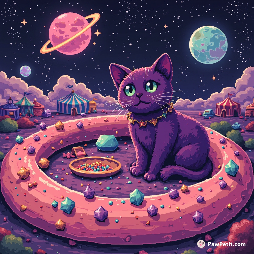Purple cat trading galactic gems at a carnival on an airborne donut ring planet.