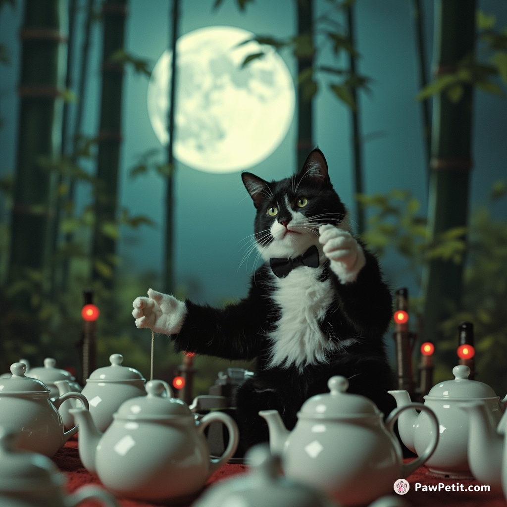 A tuxedo cat conducting an orchestra of porcelain teapots in a moonlit bamboo forest.