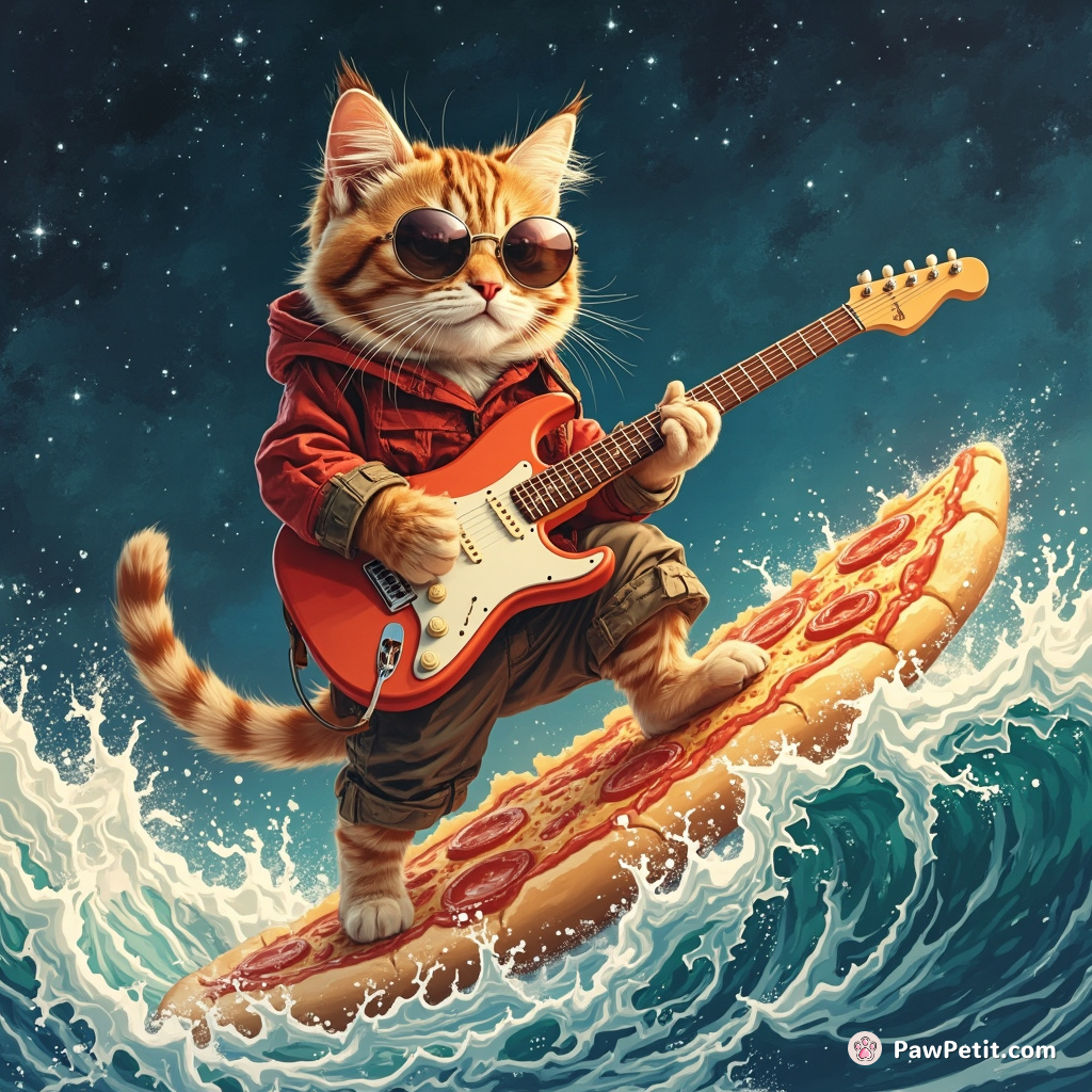 A cat playing electric guitar on a slice of pizza surfing on a milk wave.