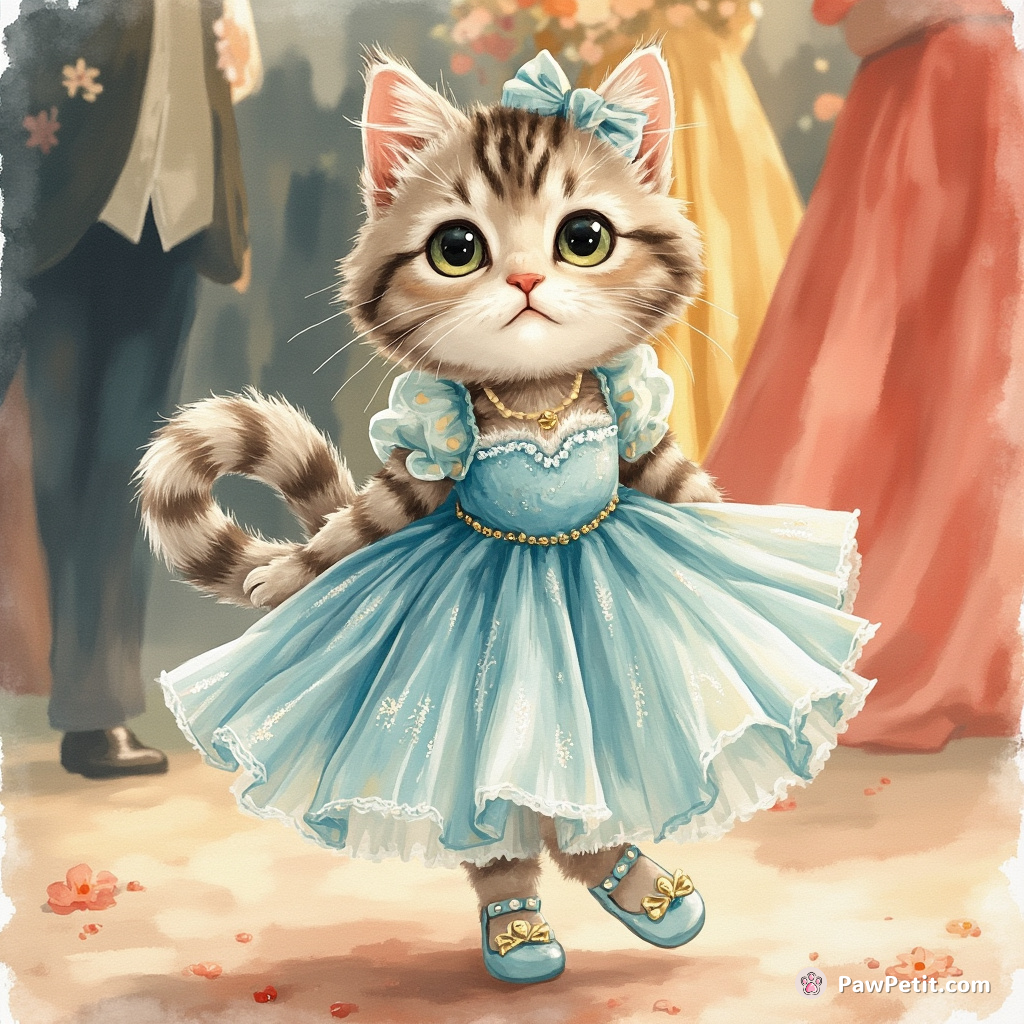 In 'Kittenella,' the ash-smudged tabby dances in glass slippers at the prince's ball, captivating every attendee with her lush tail waltz.
