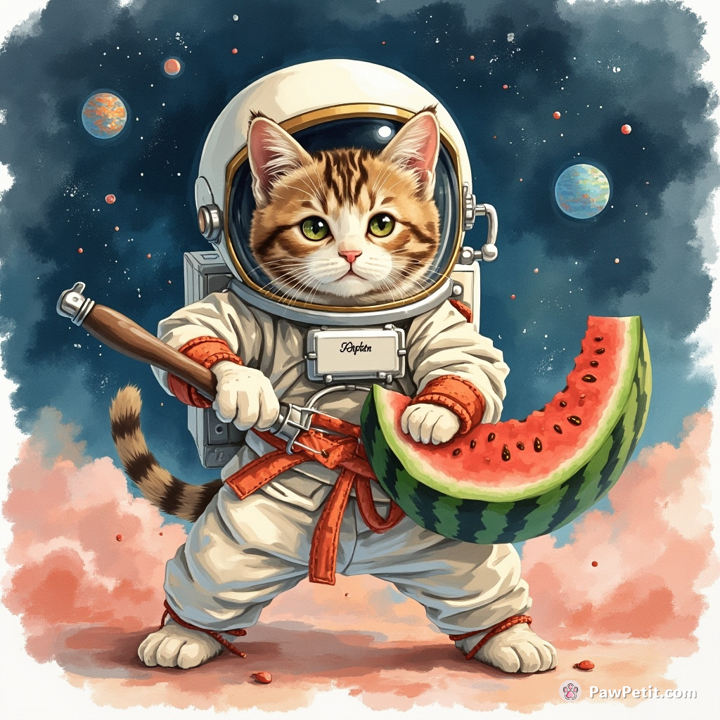 Cat karate chopping a watermelon in space with astronaut gear on.
