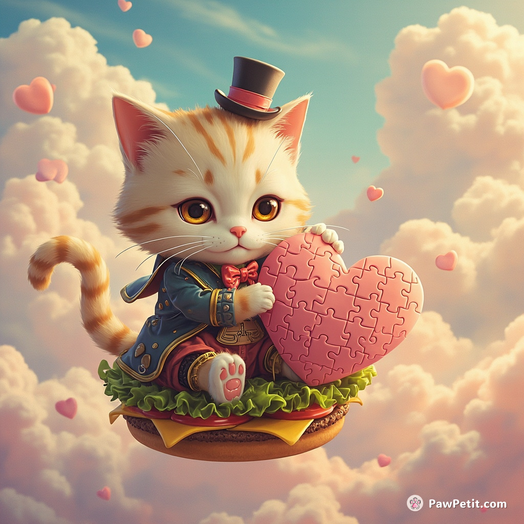 Cyborg cat in Victorian attire completing a heart-shaped puzzle, floating on a hamburger in the midst of swirling pastel clouds.