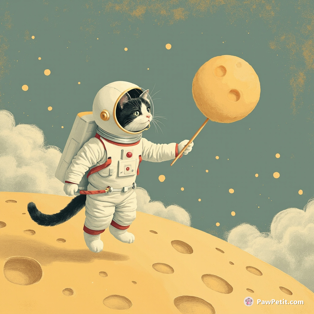 A cat dressed as an astronaut, floating outside a cheese moon, attempting to skewer meteors with an oversized toothpick.