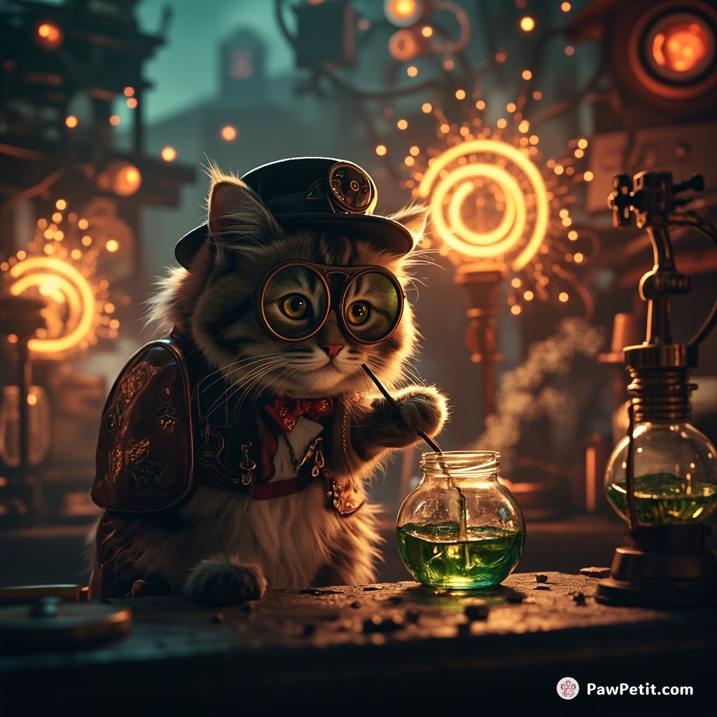 Steampunk cat brewing a potion in a glow-in-the-dark laboratory amid sparking tesla coils.