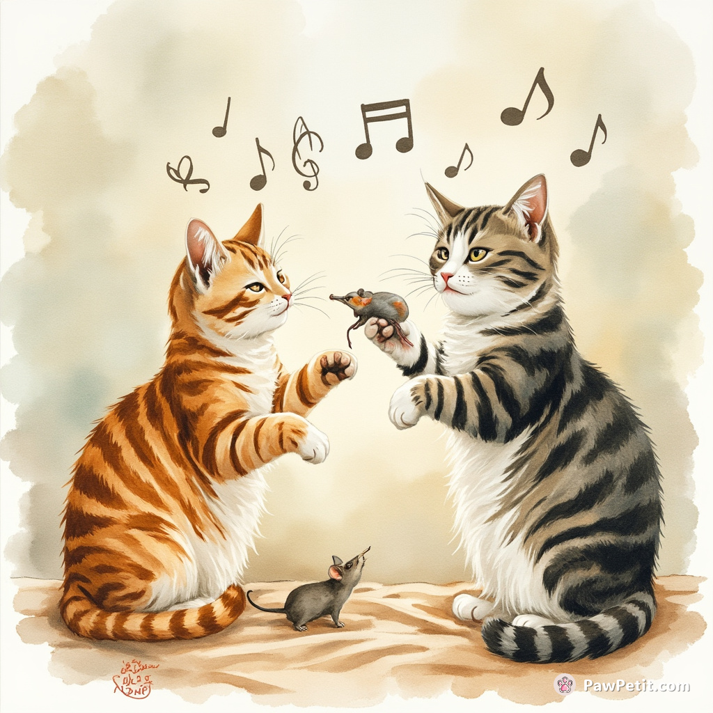 Cats humming in tune with Mozart's symposium while catching a mouse on the sly during peak human hours.