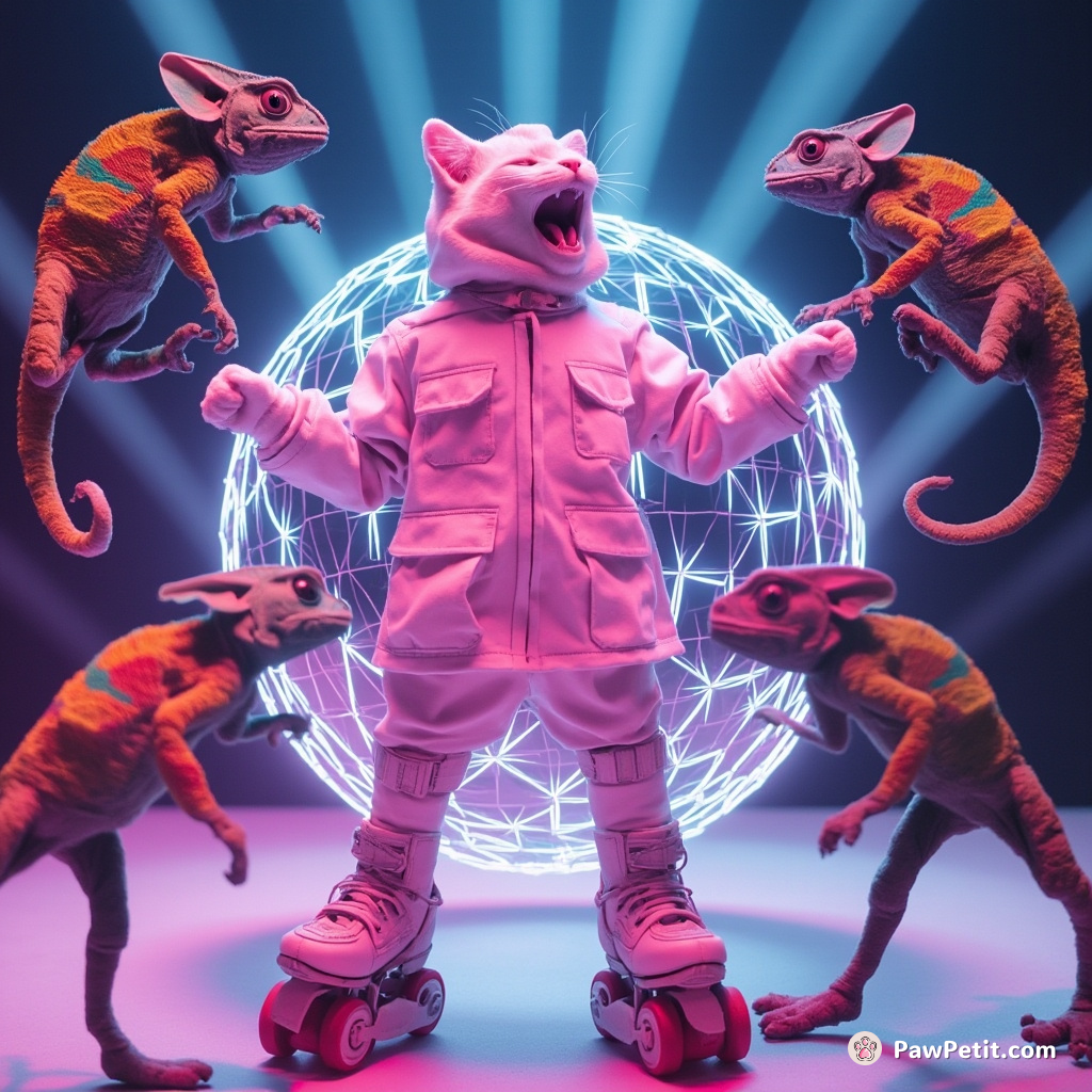 Cybernetic, neon-pink cat engages in a giddy rollerblade dance off with multi-colored chameleons inside galactic disco ball.