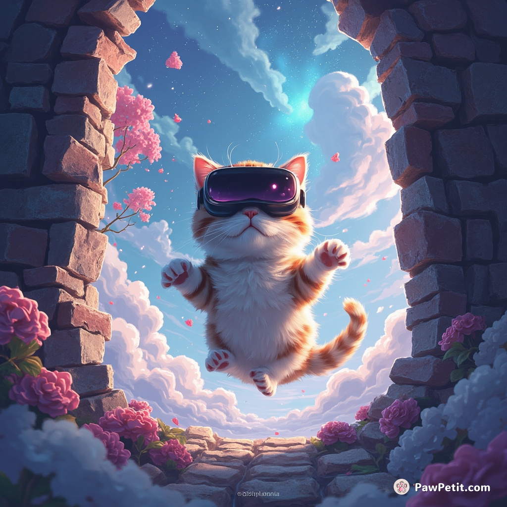 In a digital VR realm, a cat glitches through walls, defying virtual boundaries with ethereal grace.