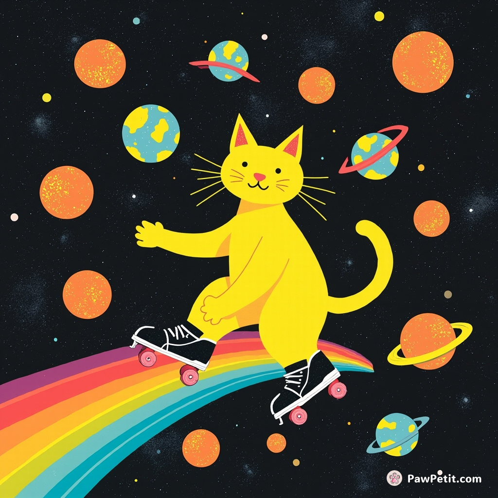A neon-yellow cat, on roller skates, flying over a techno-rainbow in outer space while juggling planet-shaped oranges filled with glitter.