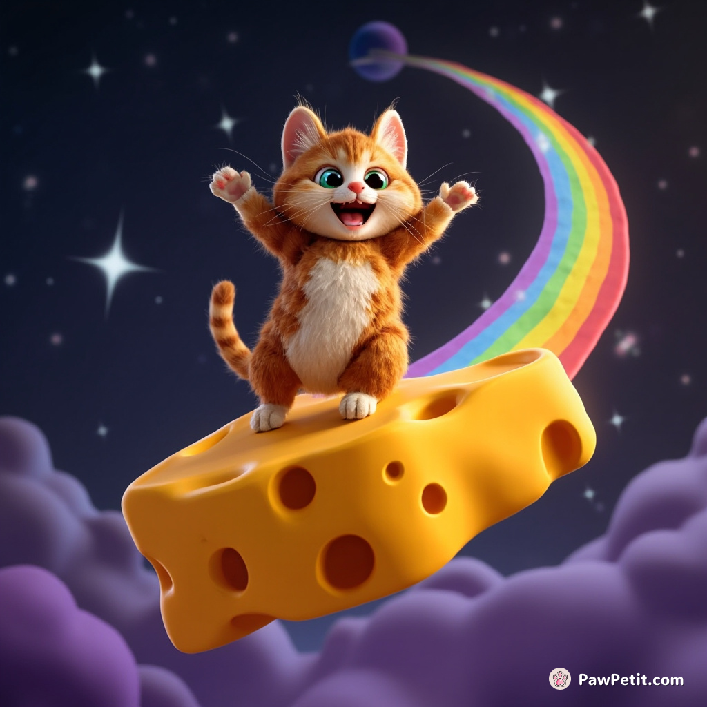 Cat bouncing on a jiggly rainbow cheese in outer space.