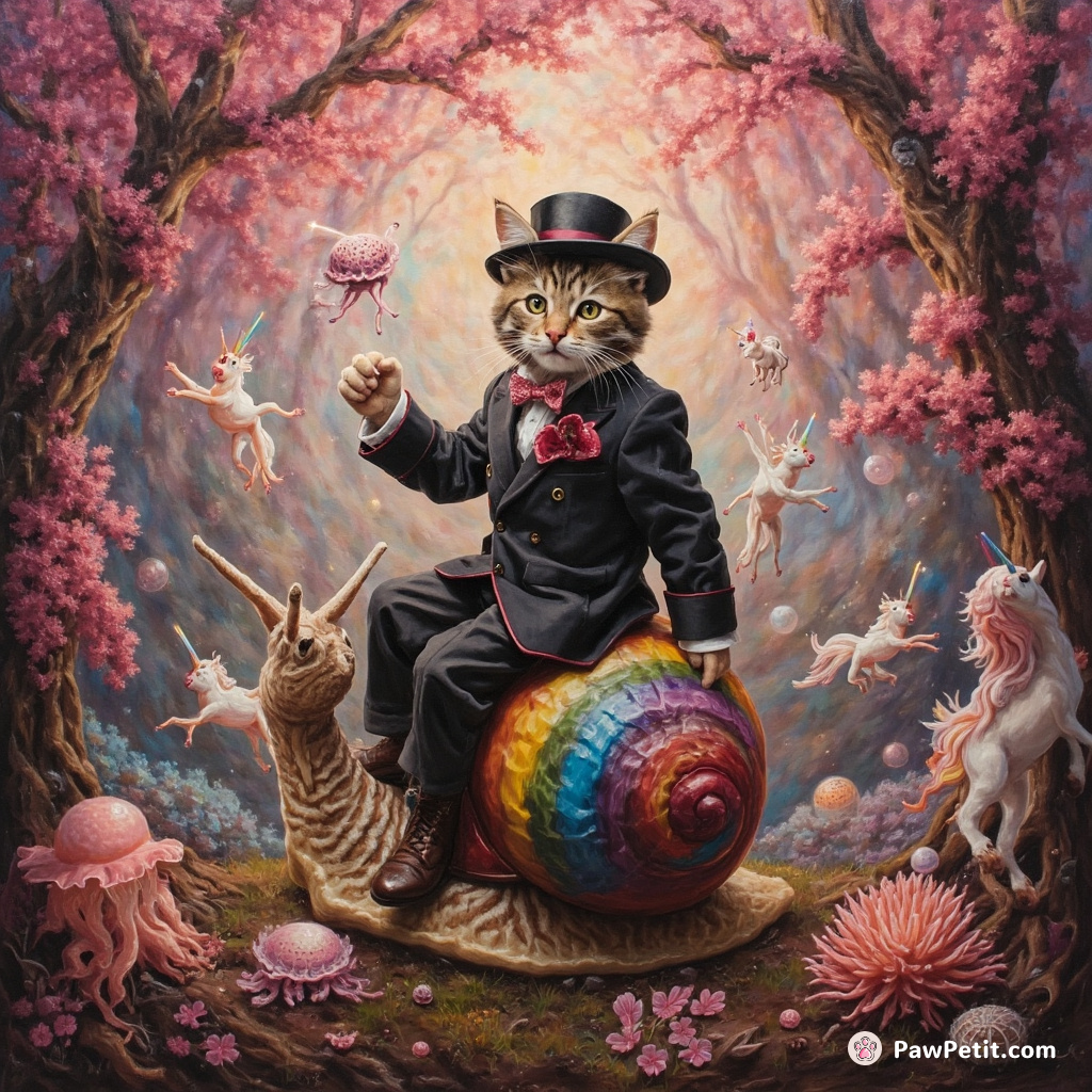 Dapper cat riding conscious rainbow snail under hot-pink fungal forest while juggling miniature unicorns and battling translucent jellyfish with laser whiskers.
