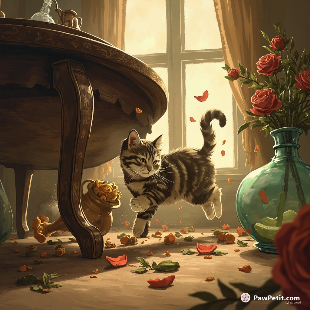 The cat darts under the table, knocking over a vase in its panicked escape.