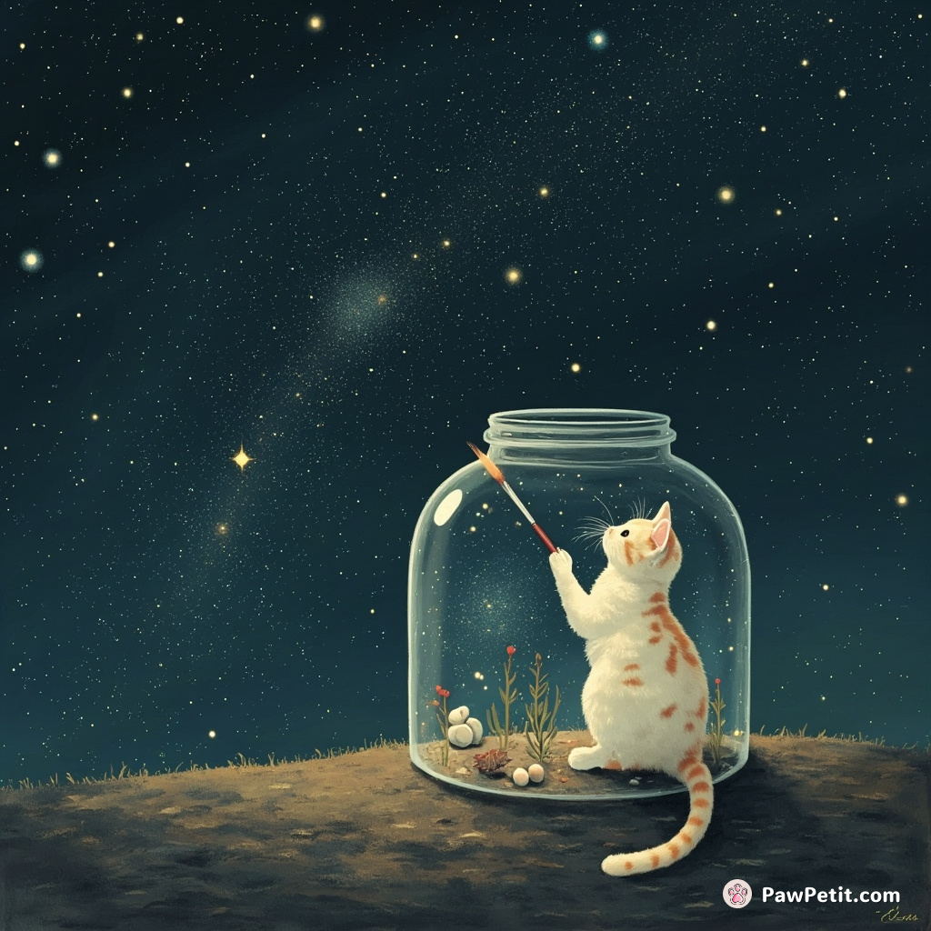A cat using its tail as a paintbrush, creating galaxies on the night sky inside a glass human-sized terrarium.