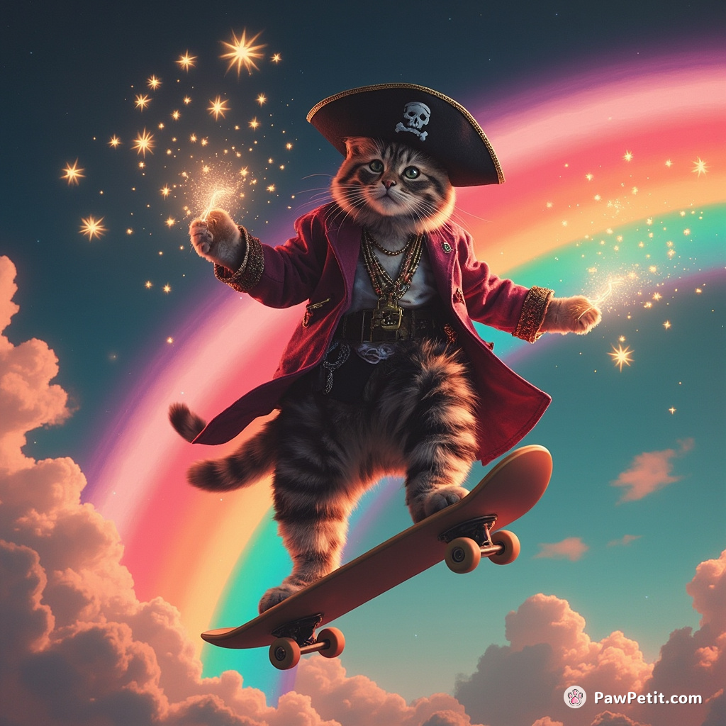 A cat skateboarding over a rainbow while juggling fireflies, dressed like a pirate.