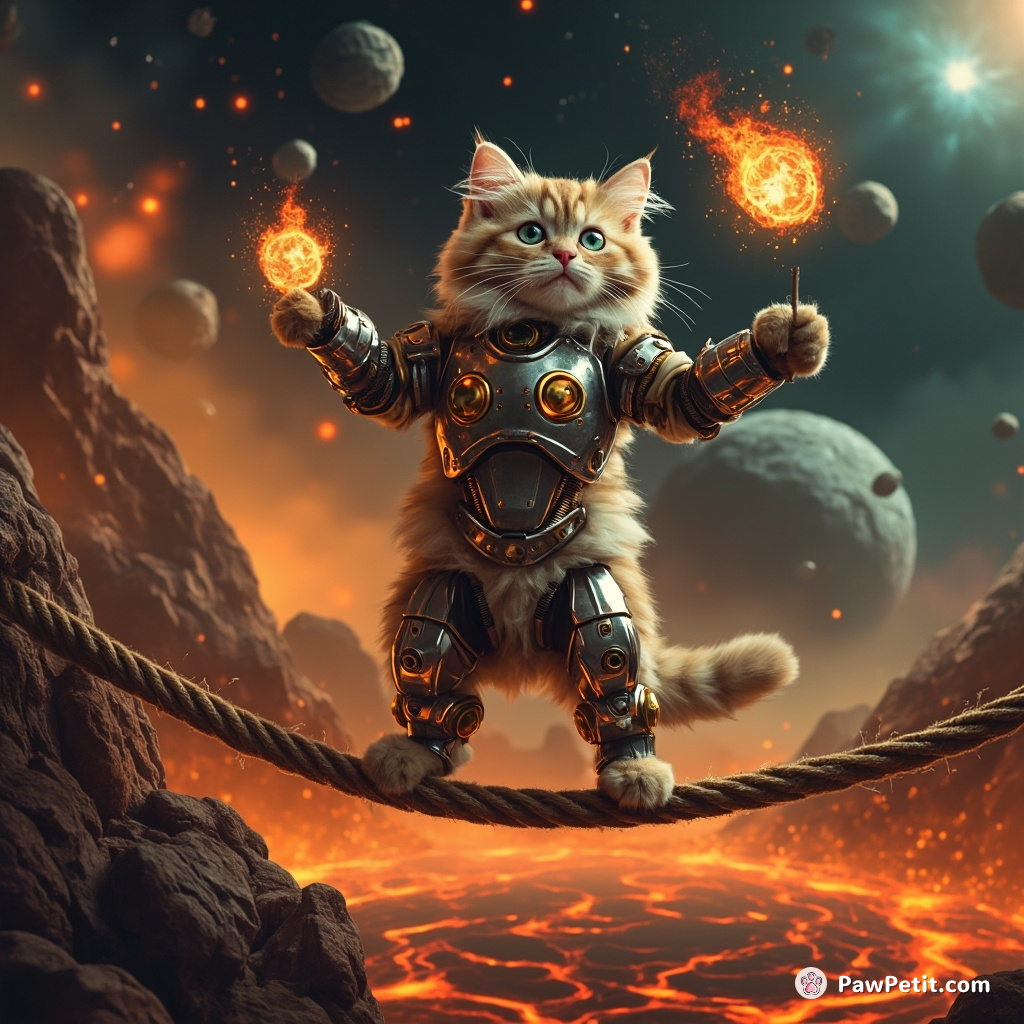 Cyborg cat juggling fireballs on a tightrope over a lava pool, in the midst of an asteroid belt.