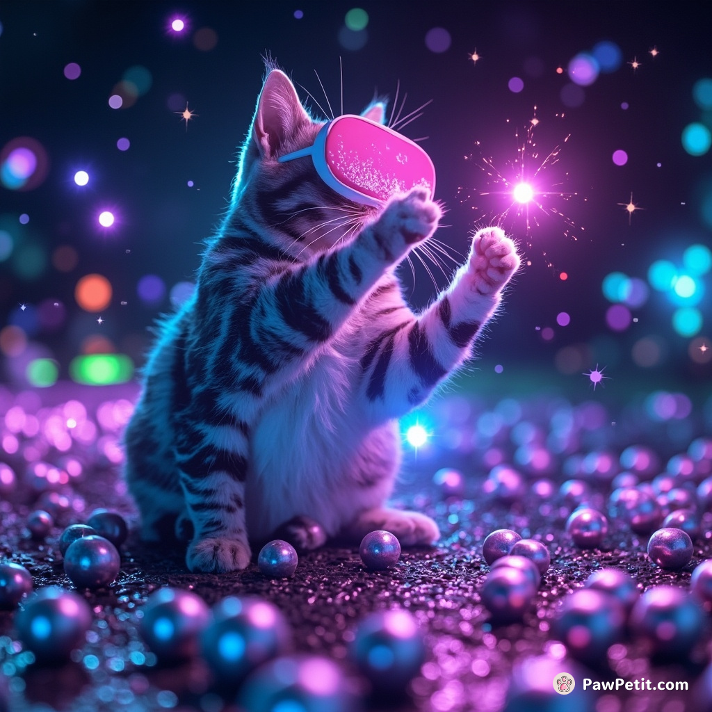 In a galaxy-rendering VR realm, a quantum-glow cat manipulates stars, expertly tossing them into place with graceful celestial swipes.