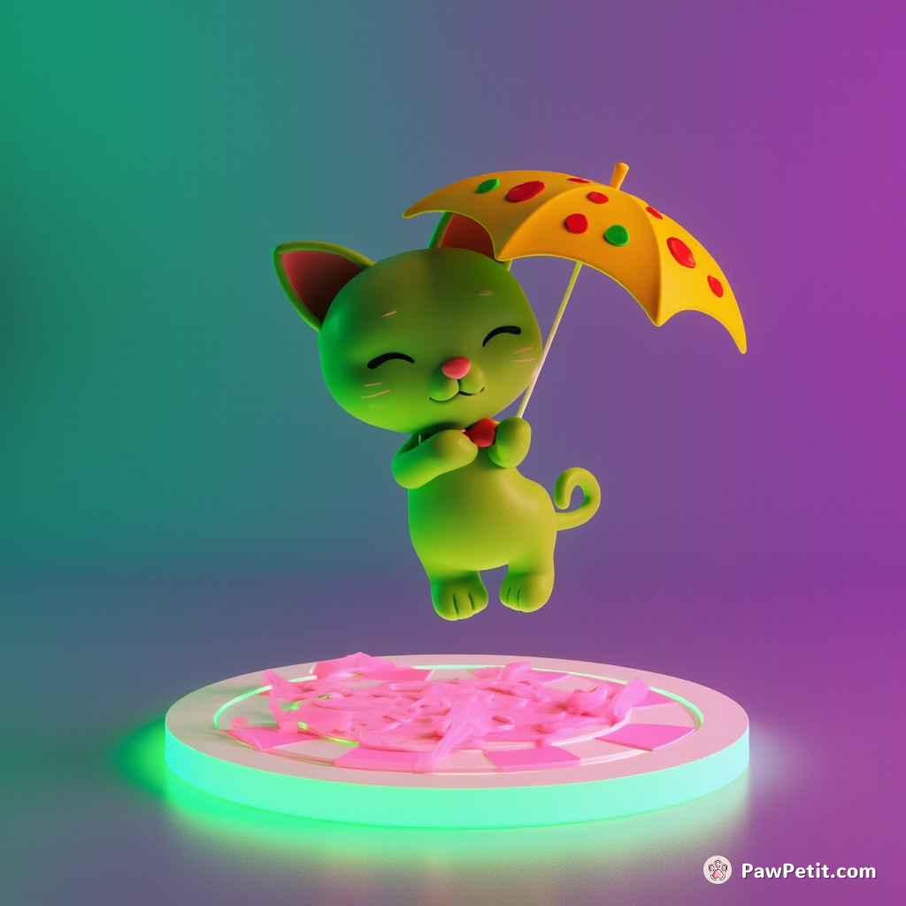 A green cat levitating over a glowing neon chessboard, delicately holding an umbrella made of pizza.
