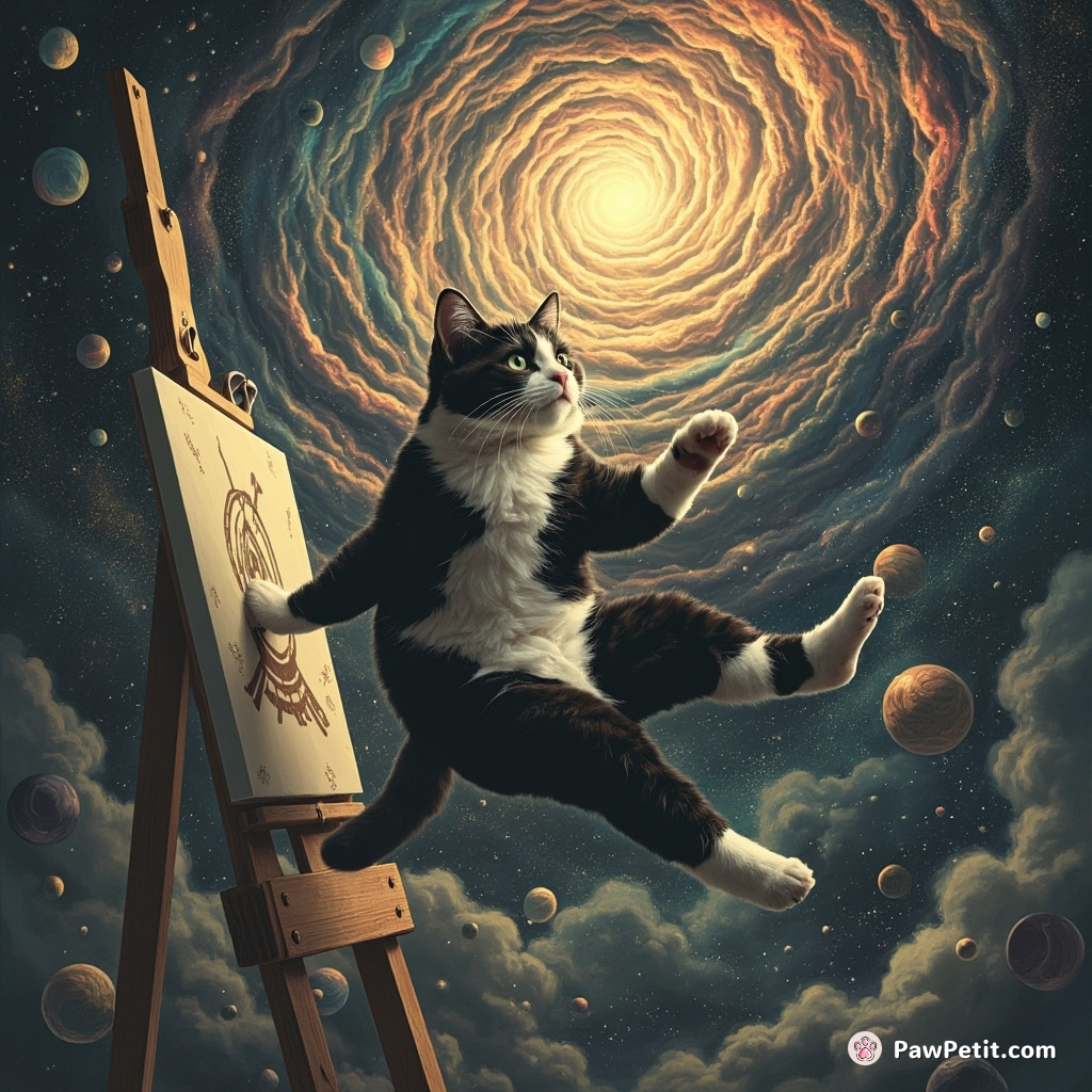A tuxedo cat painting an optical illusion on a canvas in zero gravity.