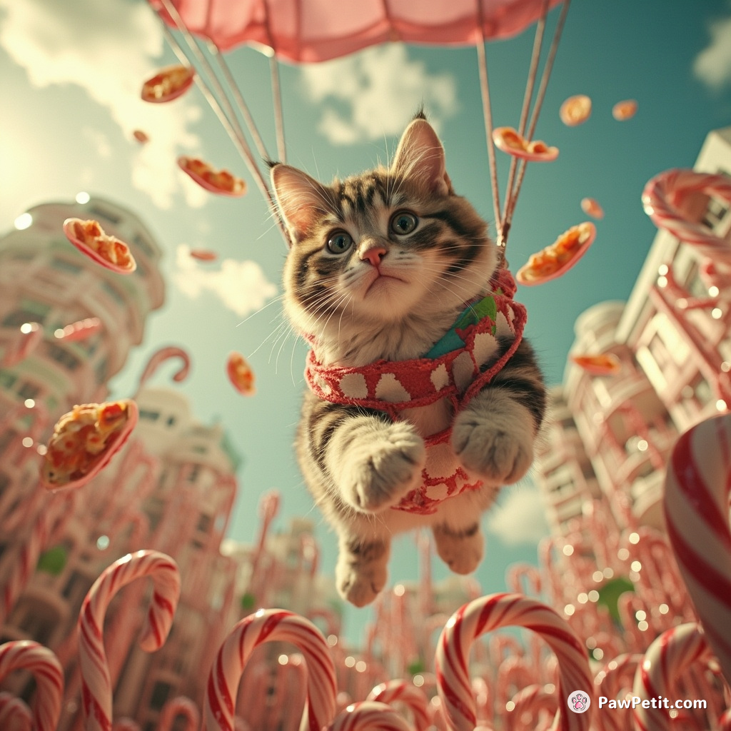 Multicoloured cat parachuting over a city of shimmering candy canes while tossing miniature capsicum-tomato pizzas for sugar-glass pigeons.