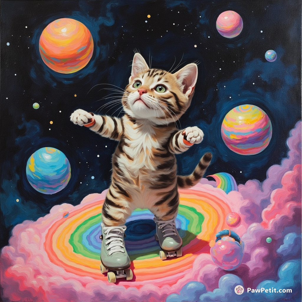 Cat juggling pastel colored planets while roller-skating on a neon rainbow in space.