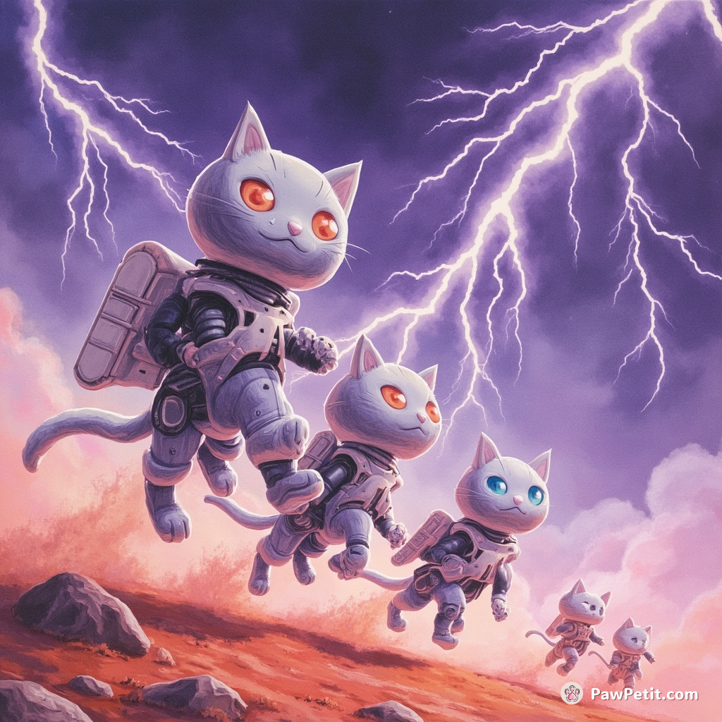 A legion of futuristic cyborg cats on a rescue mission under lavender lightning storms on Mars.