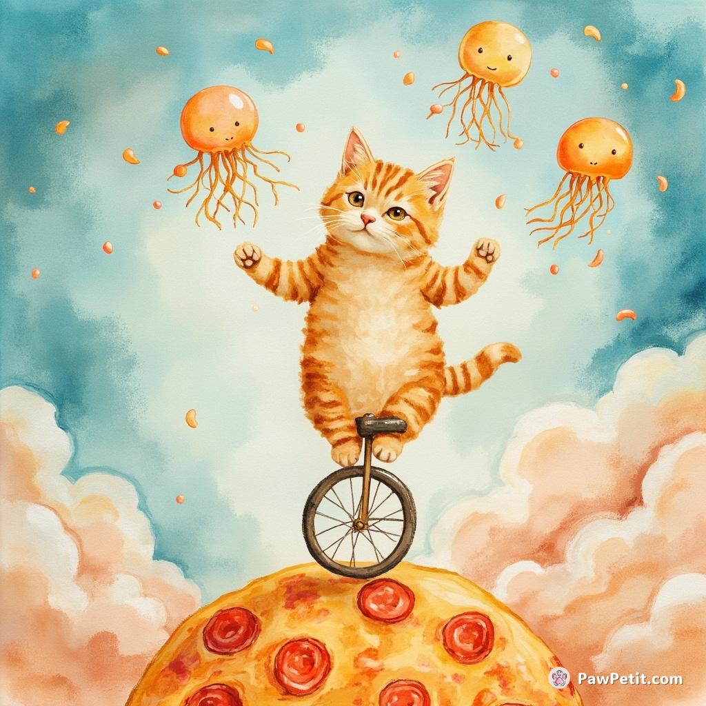 Cat juggling jellyfish on a unicycle atop a steaming pizza planet.