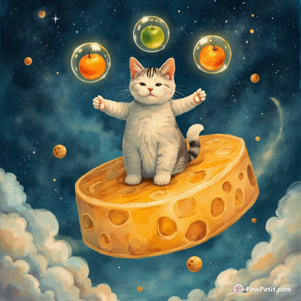 A three-headed cat juggling glowing alien fruits atop a gigantic cheese wheel drifting through cosmos.