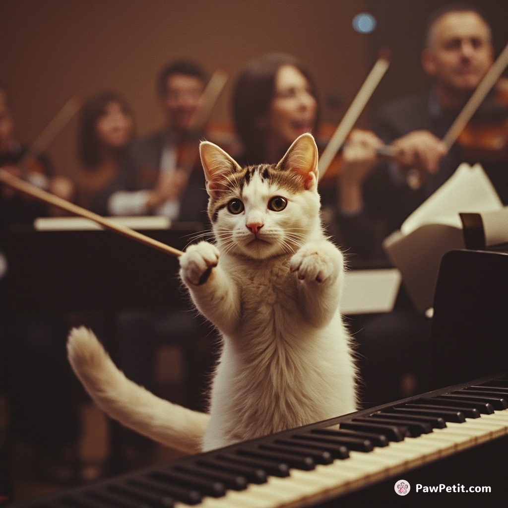 A cat tries to conduct an orchestra, tail twitching with each dramatic flourish of its paw.
