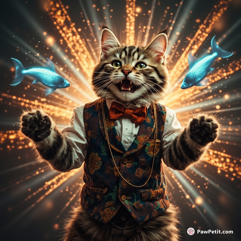 A respectable cat in a Victorian waistcoat grinning amidst an explosion of starbursts while juggling plasmatic space fish.