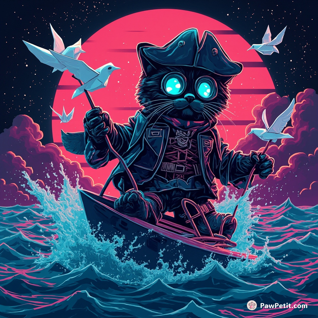 Cybernetic cat pirate sailing a paper clip on an ocean of ink, battling against origami seagulls.