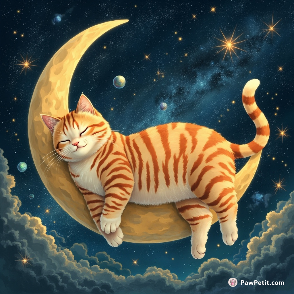 Giant cat stretched over a crescent moon, pinning down galaxies with its claws for embroidery.