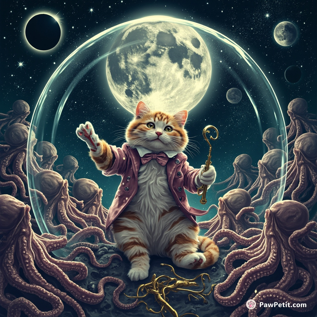 A grinning Cheshire cat conducting an elegant symphony orchestra comprising octopuses, in an underwater bubble dome during the peak of a lunar eclipse.