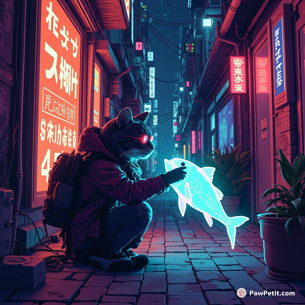 A cyberpunk cat hacking a holographic fish in a neon-lit alley of Tokyo.
