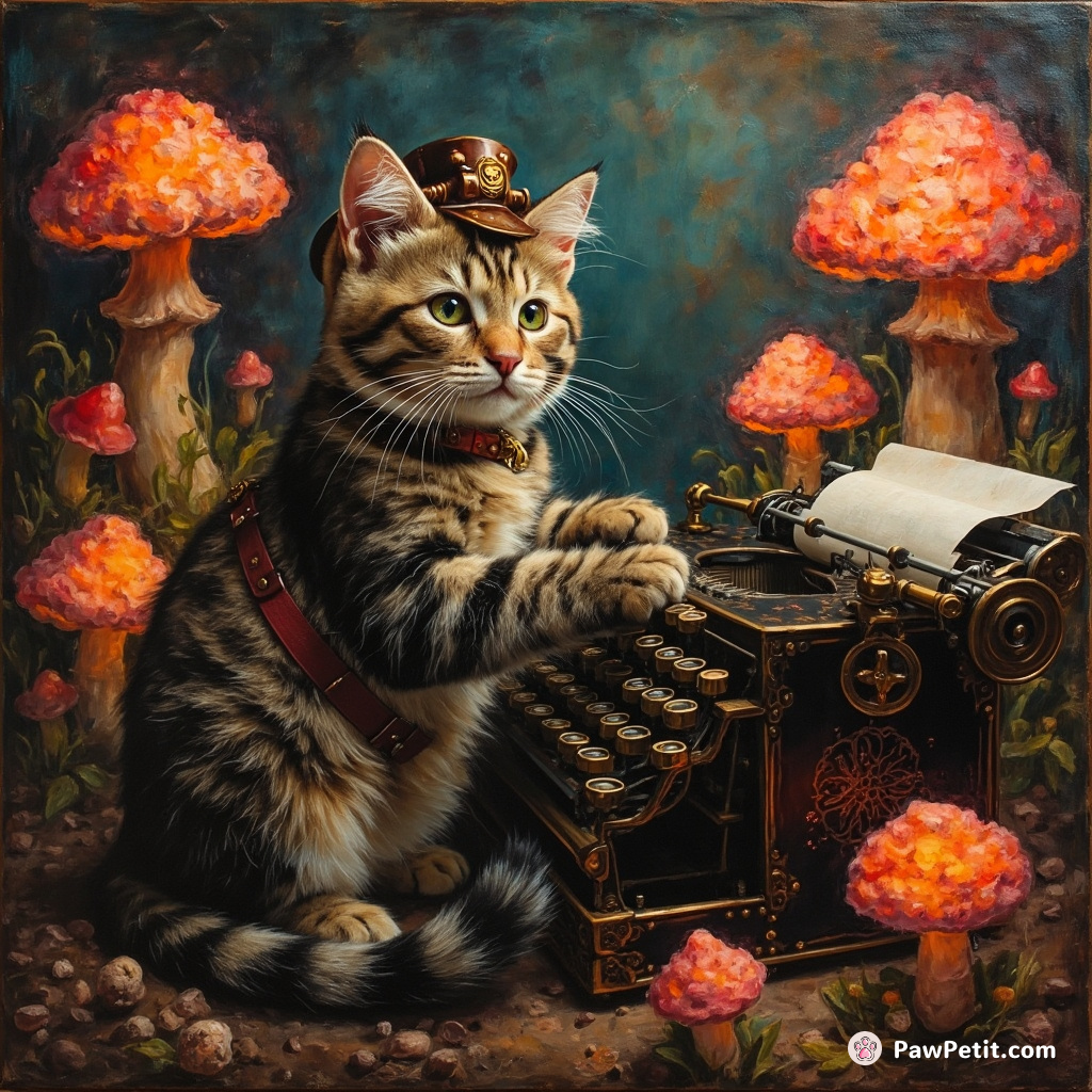 Steampunk cat operating an old-timey typewriter with its tail amidst neon mushrooms.