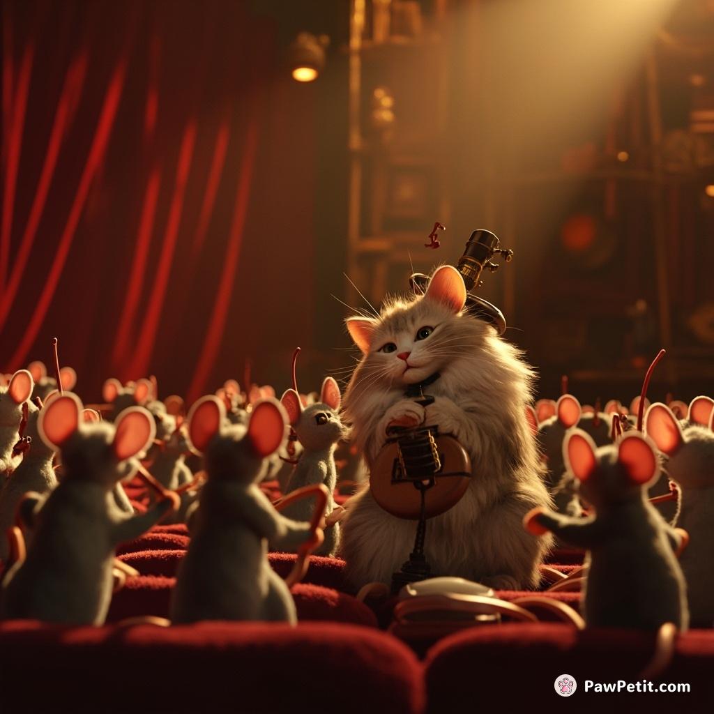 Cat holding auditions for musical mice in a vintage theater.
