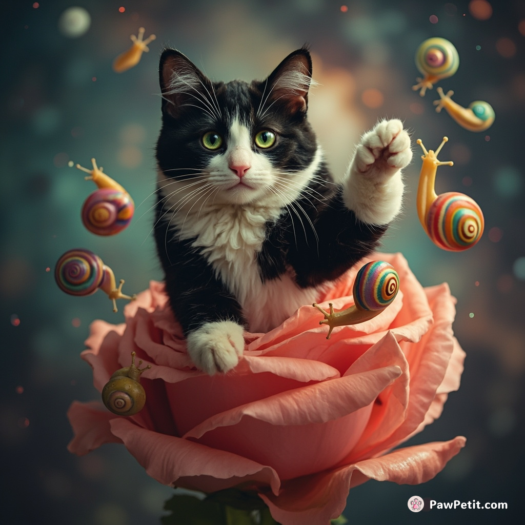 Tuxedo cat conducting a symphony orchestra of multi-color snails atop a giant floating rose in space.
